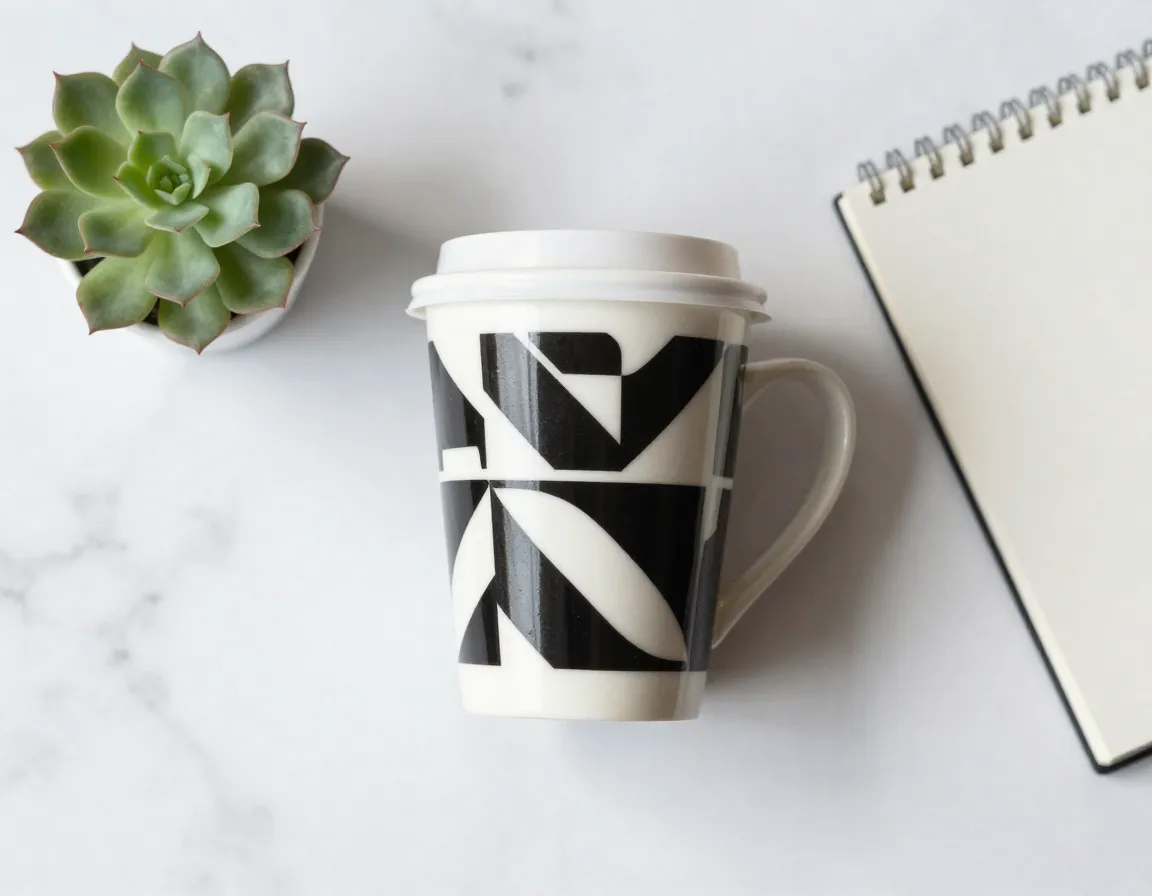 Instagrammable high contrast patterned coffee cup on marble surface