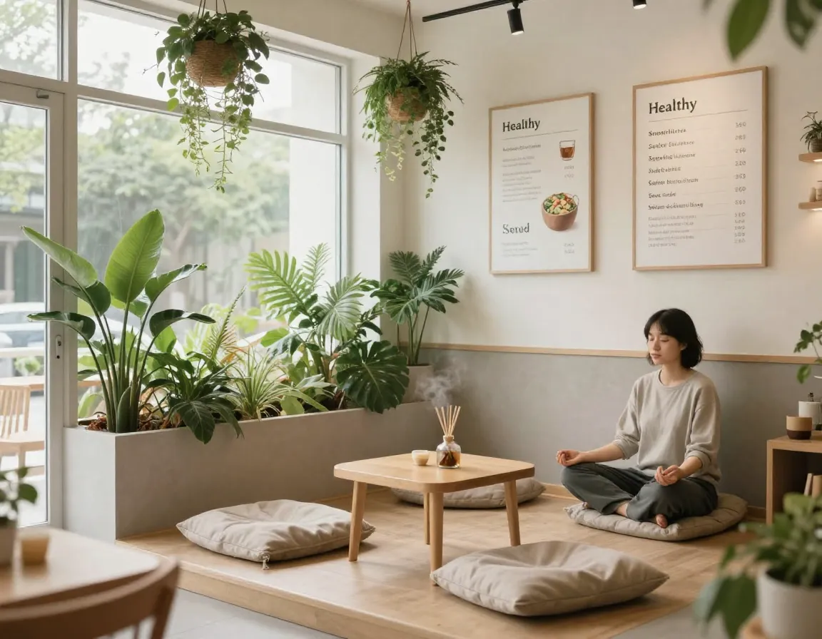 Wellness sanctuary cafe with meditation corner plants and healthy food options