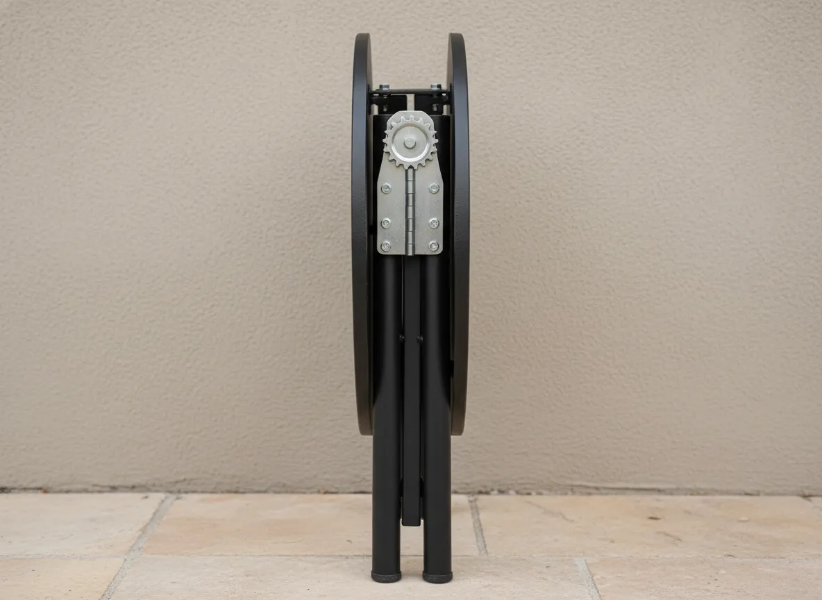 Folding round metal coffee table stored upright against wall