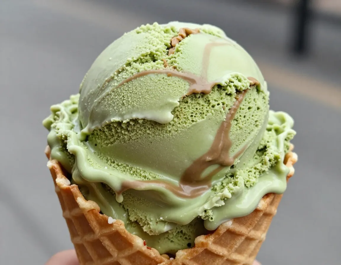 Scoop of creamy matcha coffee ice cream in a waffle cone bowl