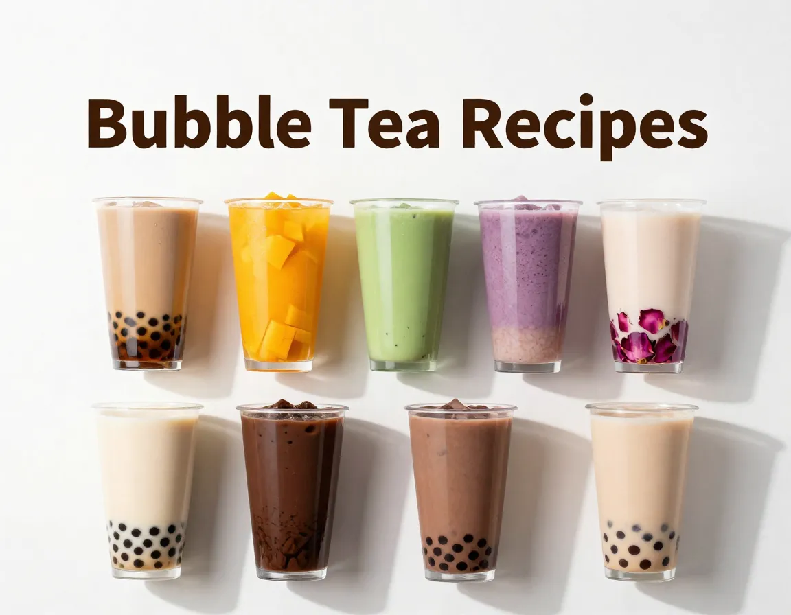 Eight colorful boba drinks in a grid flat lay