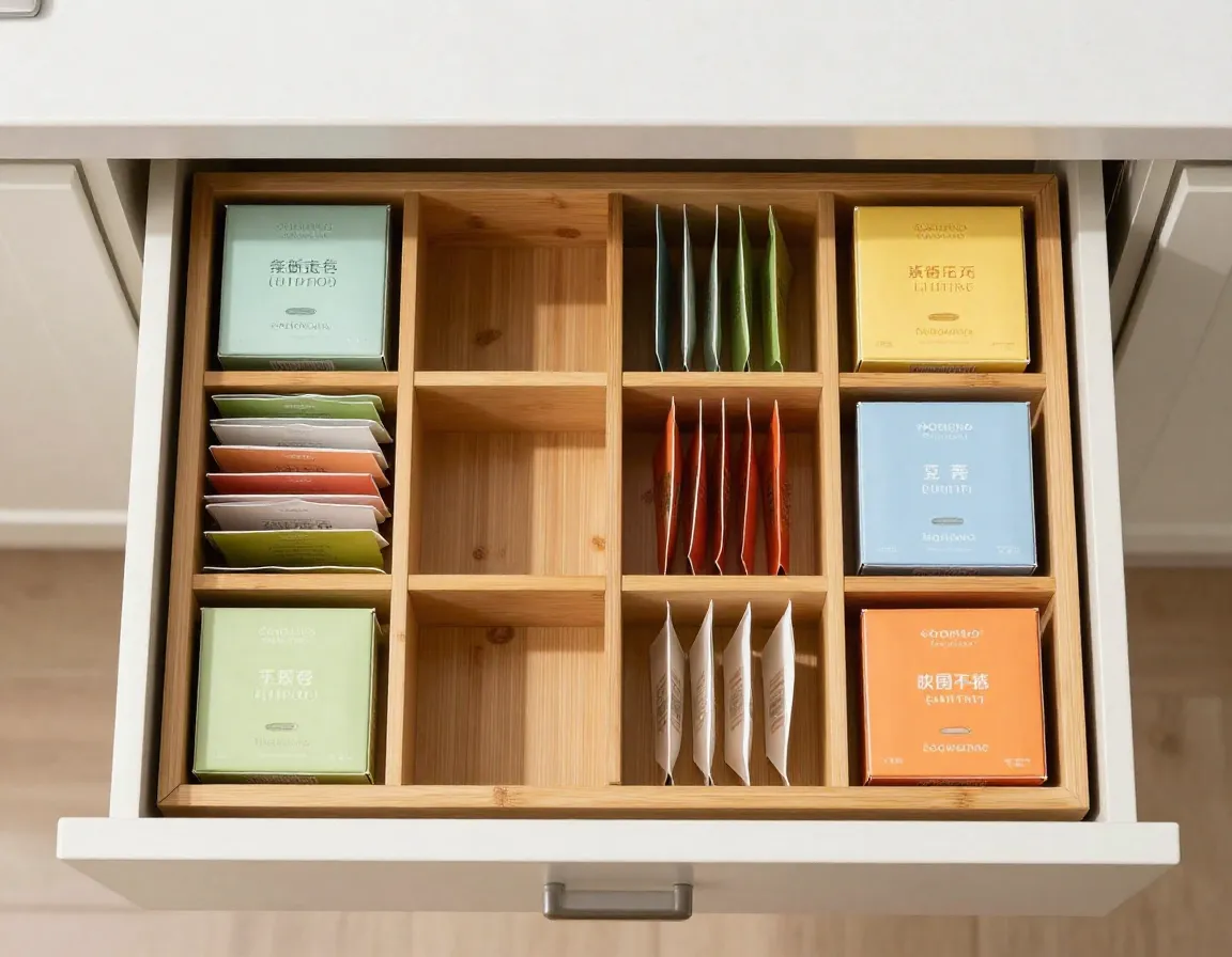 Expandable bamboo drawer dividers organizing tea bags in a kitchen drawer