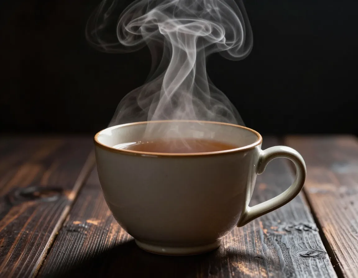Steam rising from ceramic mug on dark wooden table