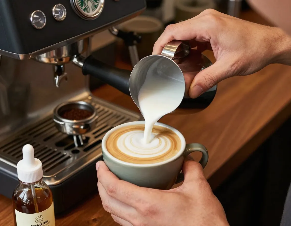Baristas hands meticulously crafting a latte with perfect milk froth