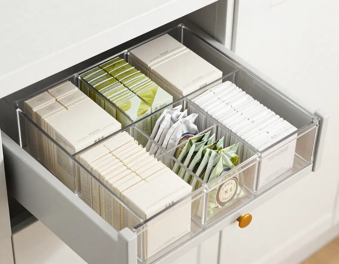 Clear acrylic compartment organizer stacked with tea boxes in a drawer