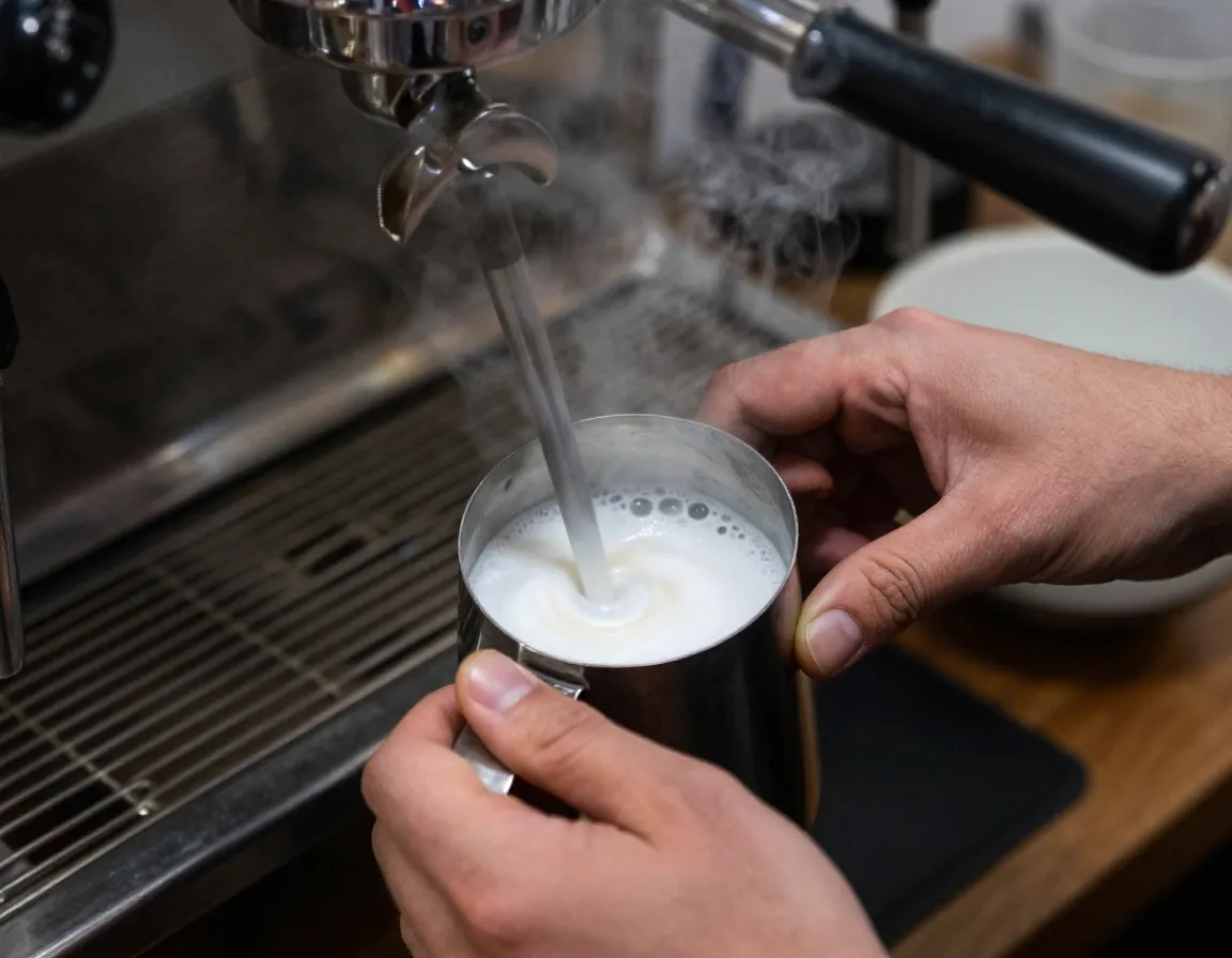 A baristas hands steaming milk for a cappuccino creating thick dense foam