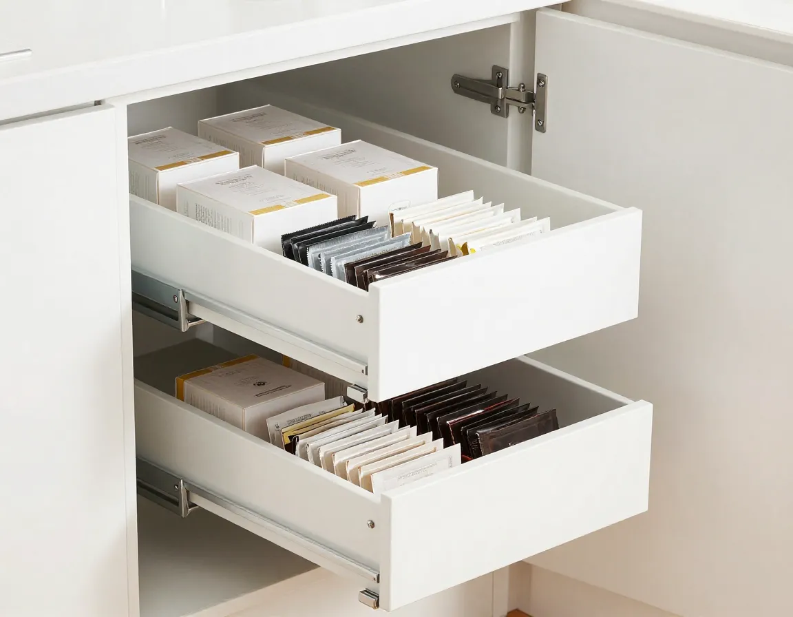 Pull out cabinet drawer system with multiple tiers for tea bag storage