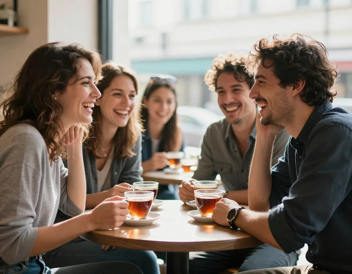 Two friends laughing over cups of tea at a sunlit cafe table