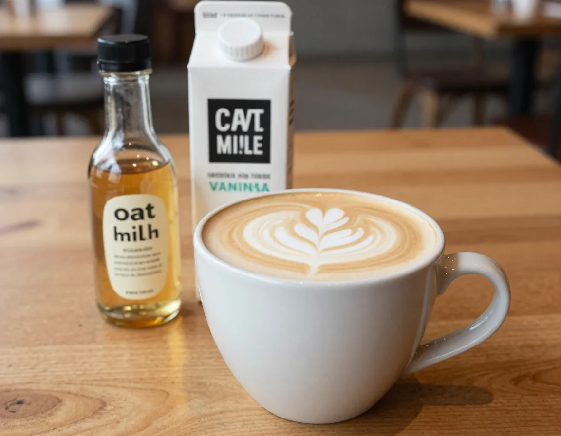 A customized latte with oat milk and vanilla syrup in a large mug