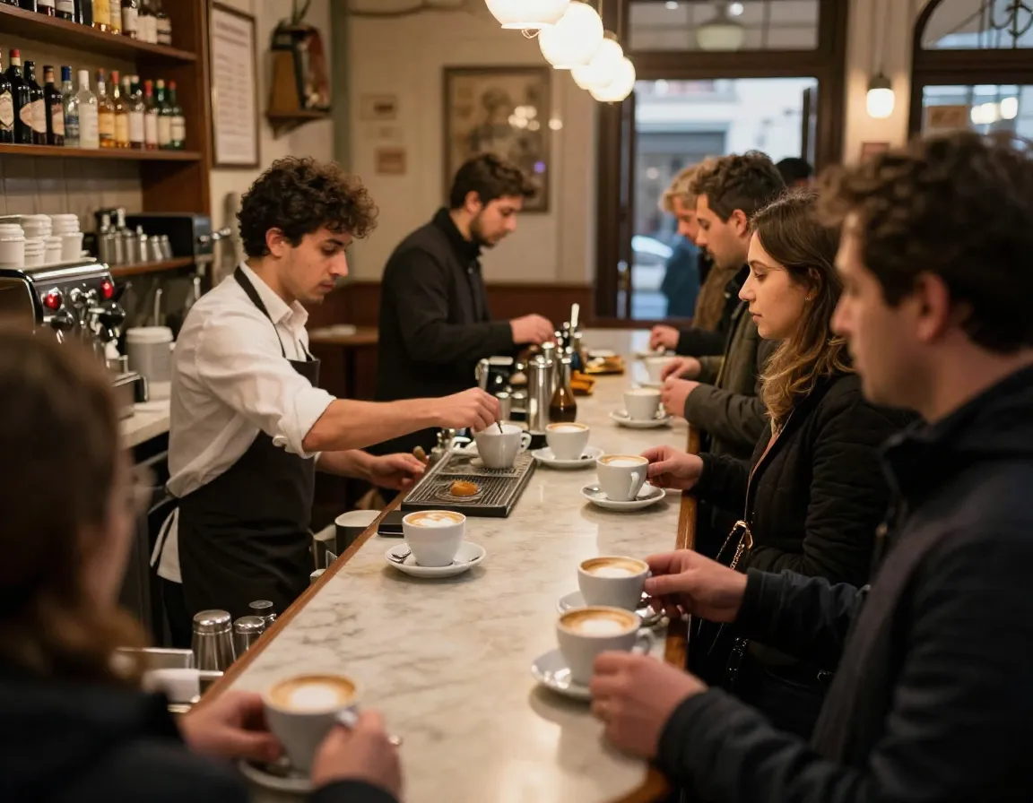 An italian bar serving small cappuccinos to customers standing at the counter