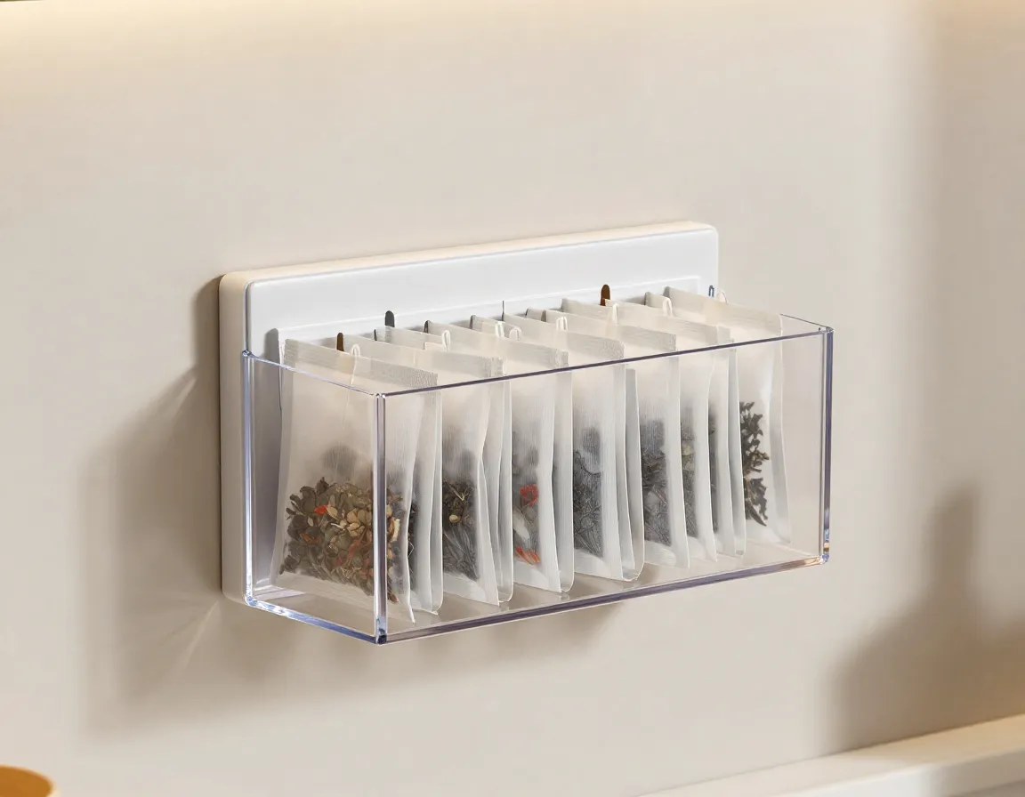 Wall mounted clear front tea bag dispenser on a kitchen backsplash