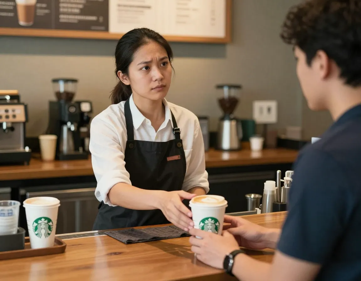 Composed barista calmly resolving an issue with a concerned customer