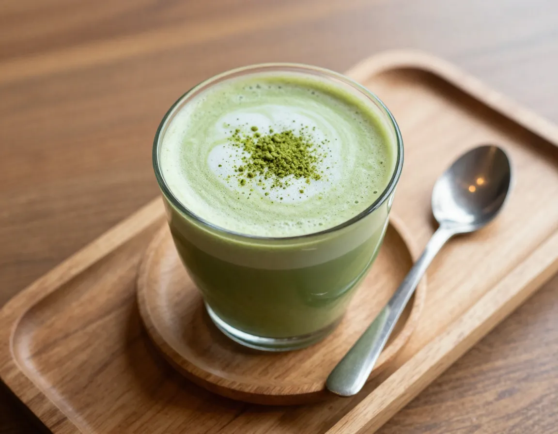 Final creamy hot matcha latte served with spoon on wooden tray