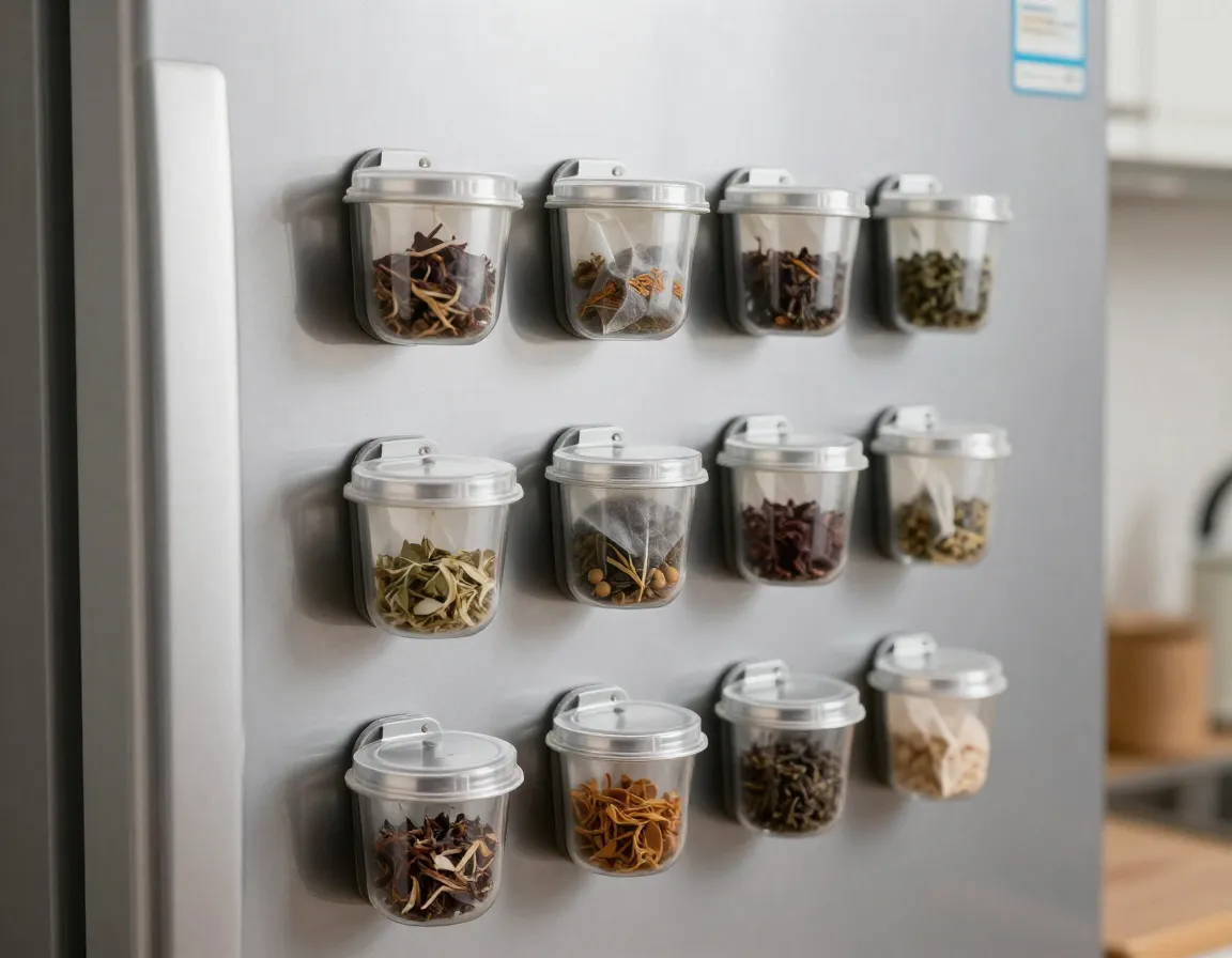 Small magnetic storage pods with tea bags on a refrigerator side