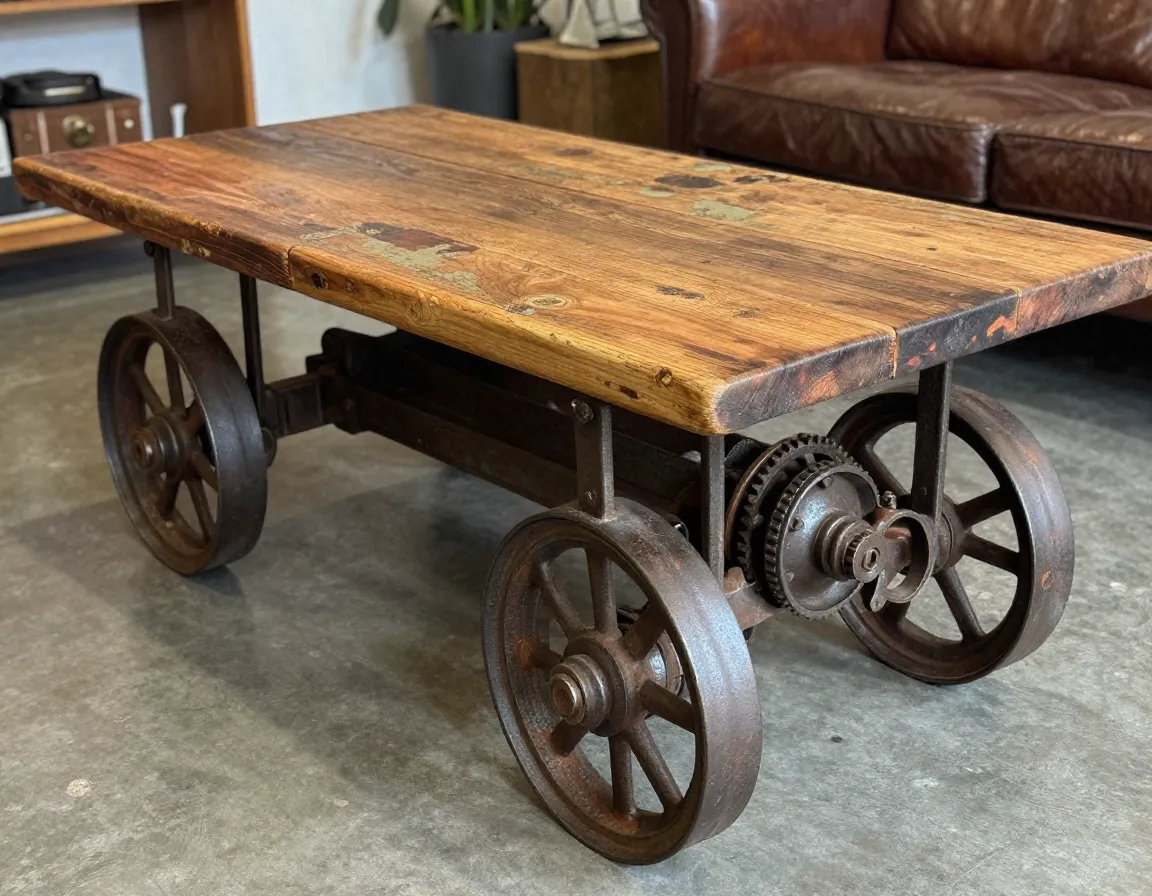 Vintage industrial coffee table with restored wood and metal