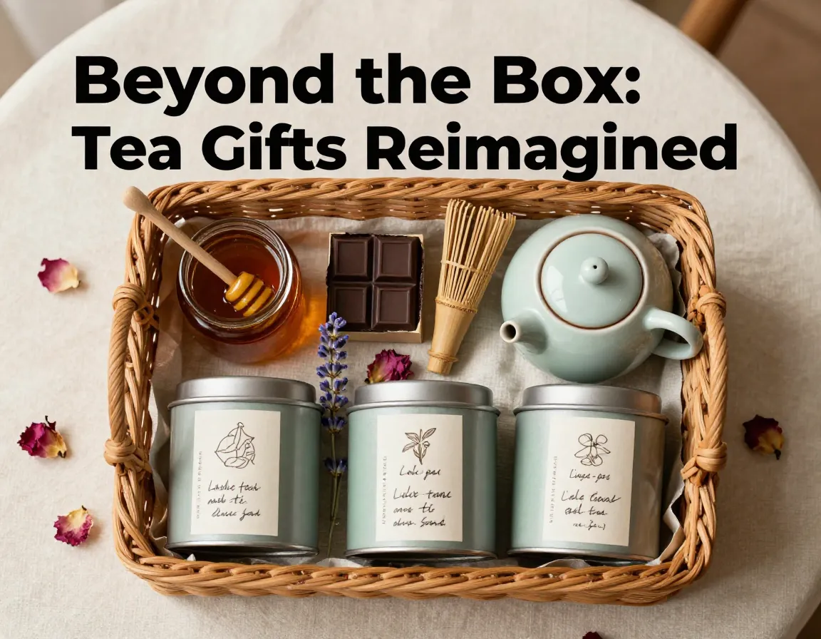 Curated tea gift basket with honey chocolate and teaware flatlay