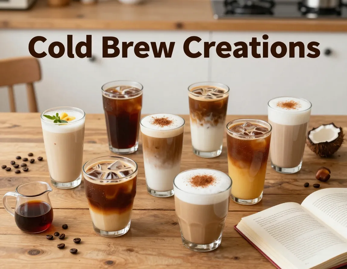 Eight cold brew creations inviting kitchen overhead flat lay