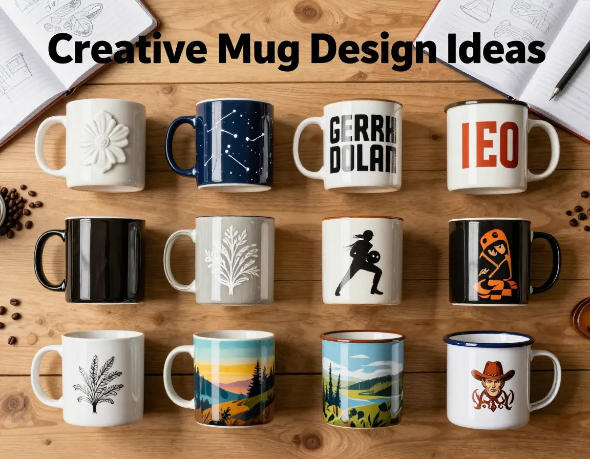 Eight mug design flat lay grid wood desk creative workspace