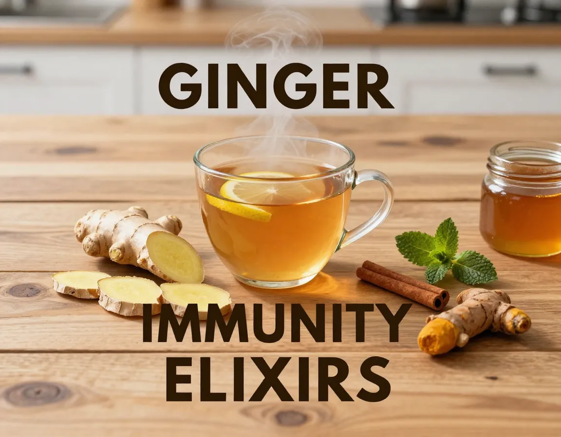 Healing ginger tea mug with fresh ingredients on wood