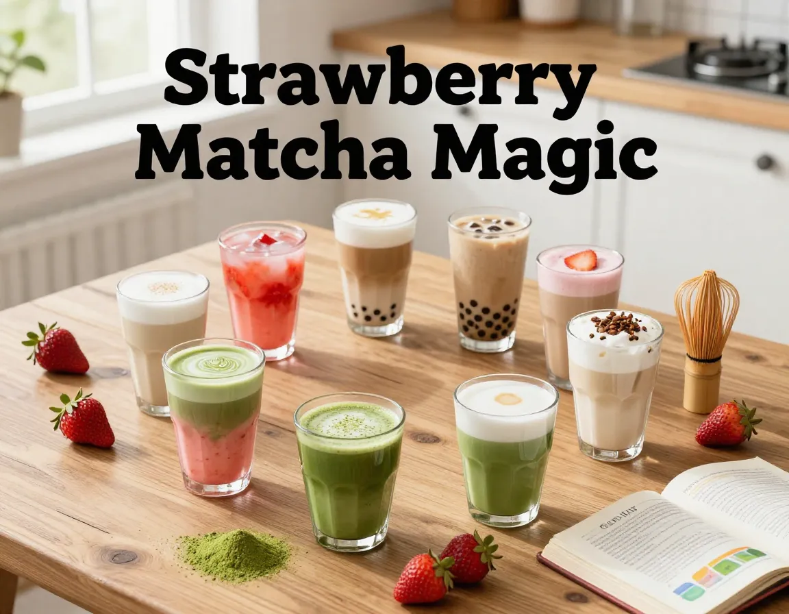 Overhead flat lay of eight homemade strawberry matcha latte variations