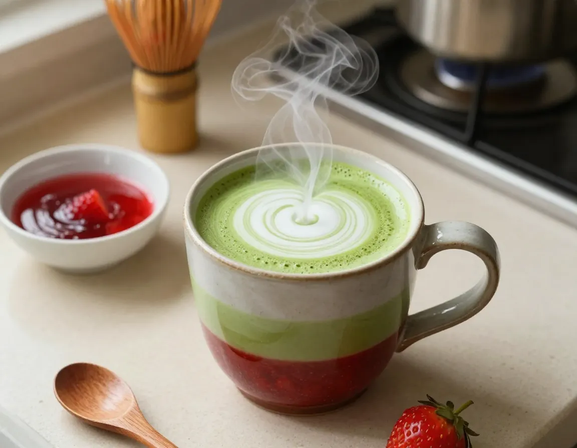 Classic hot strawberry matcha latte in a cozy morning kitchen scene