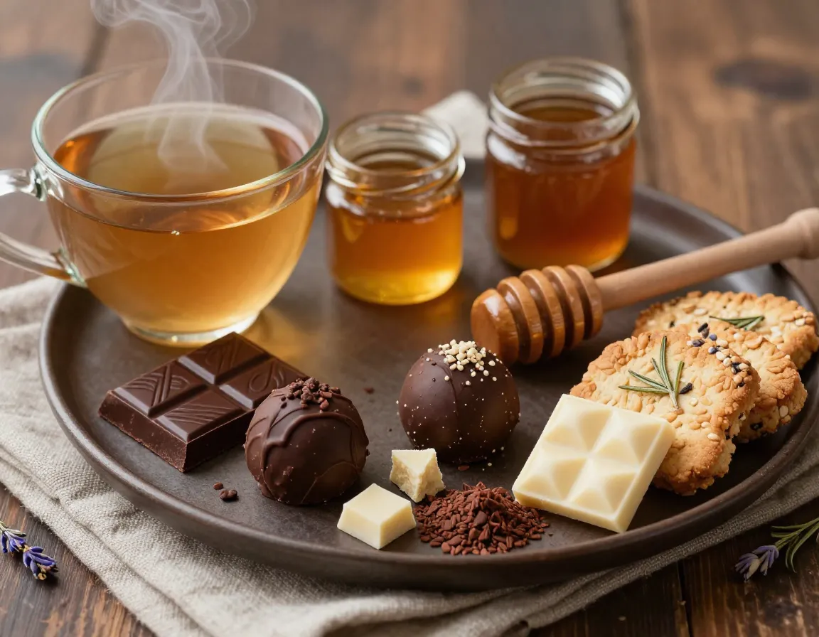 Dark chocolate truffle and earl grey tea pairing on rustic table