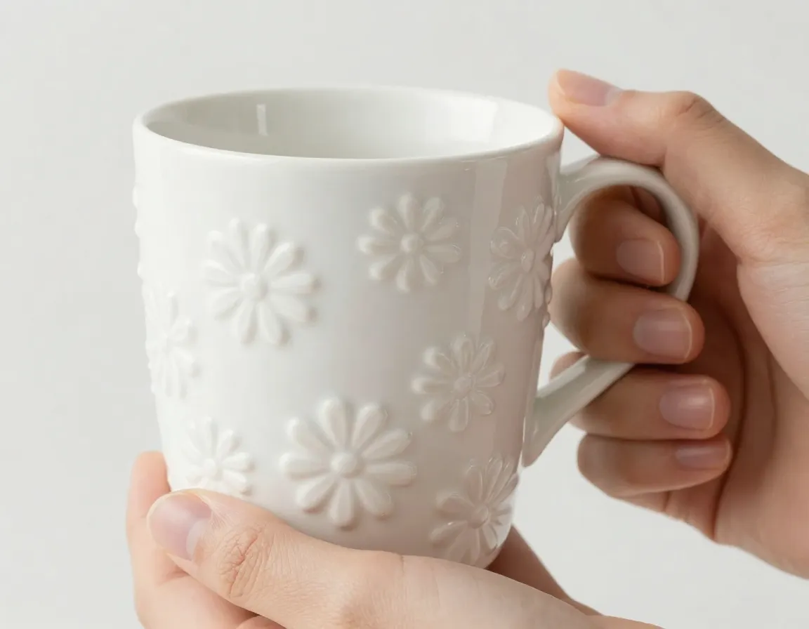 Textured ceramic mug with raised floral pattern tactile design