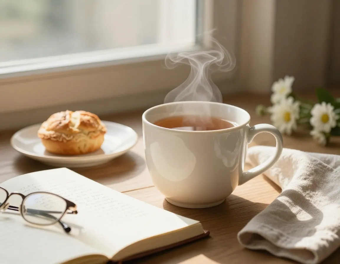 White ceramic morning tea with journal under soft window light