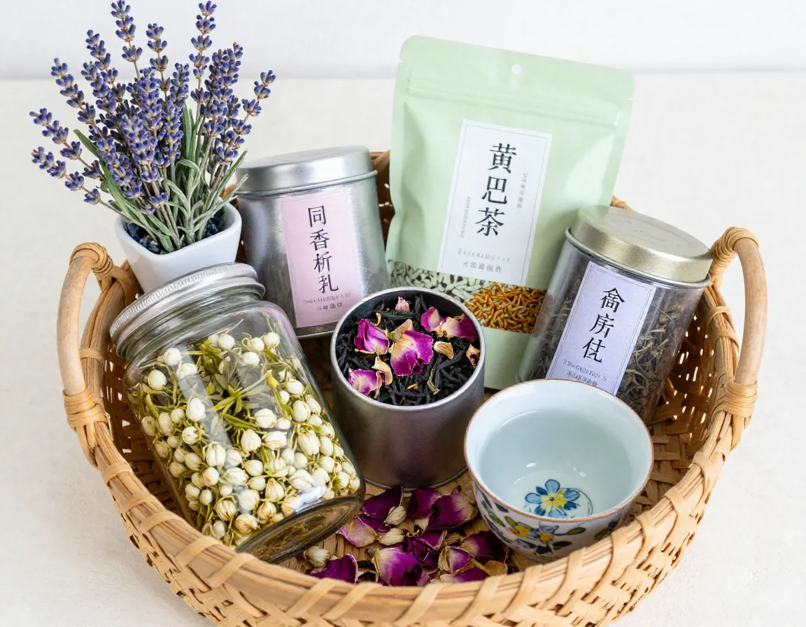 Hand rolled jasmine pearl tea and lavender plant in floral tea basket
