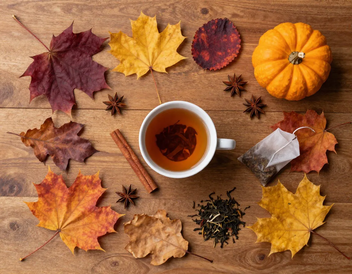 Autumn tea flat lay with colorful leaves and cinnamon on wood
