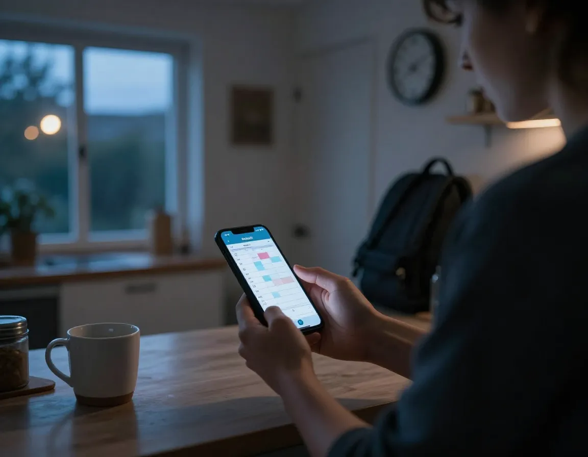 Barista checking schedule on phone before early morning shift
