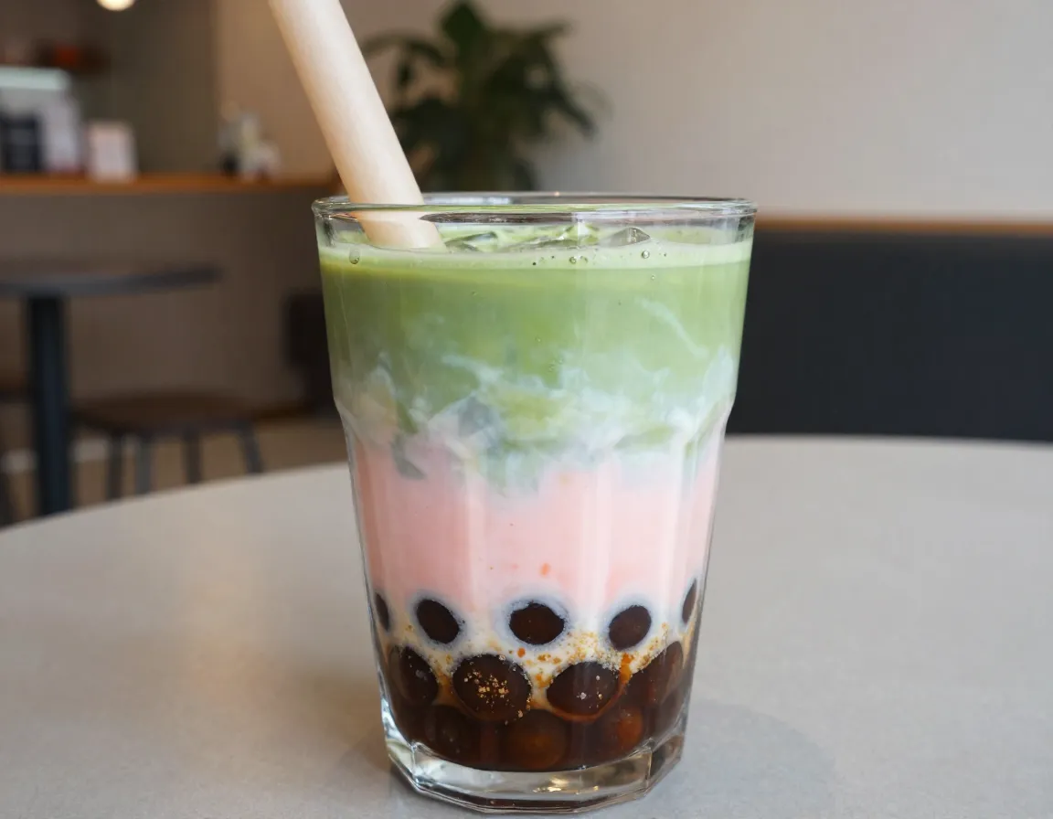 Strawberry matcha bubble tea with chewy tapioca pearls layered