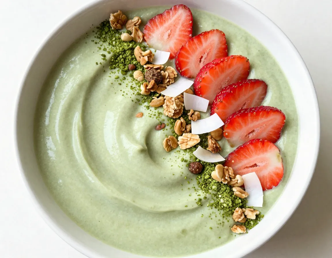 Thick strawberry matcha smoothie bowl with fresh fruit toppings
