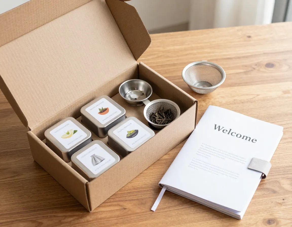 A monthly tea subscription box with infuser and tasting notebook
