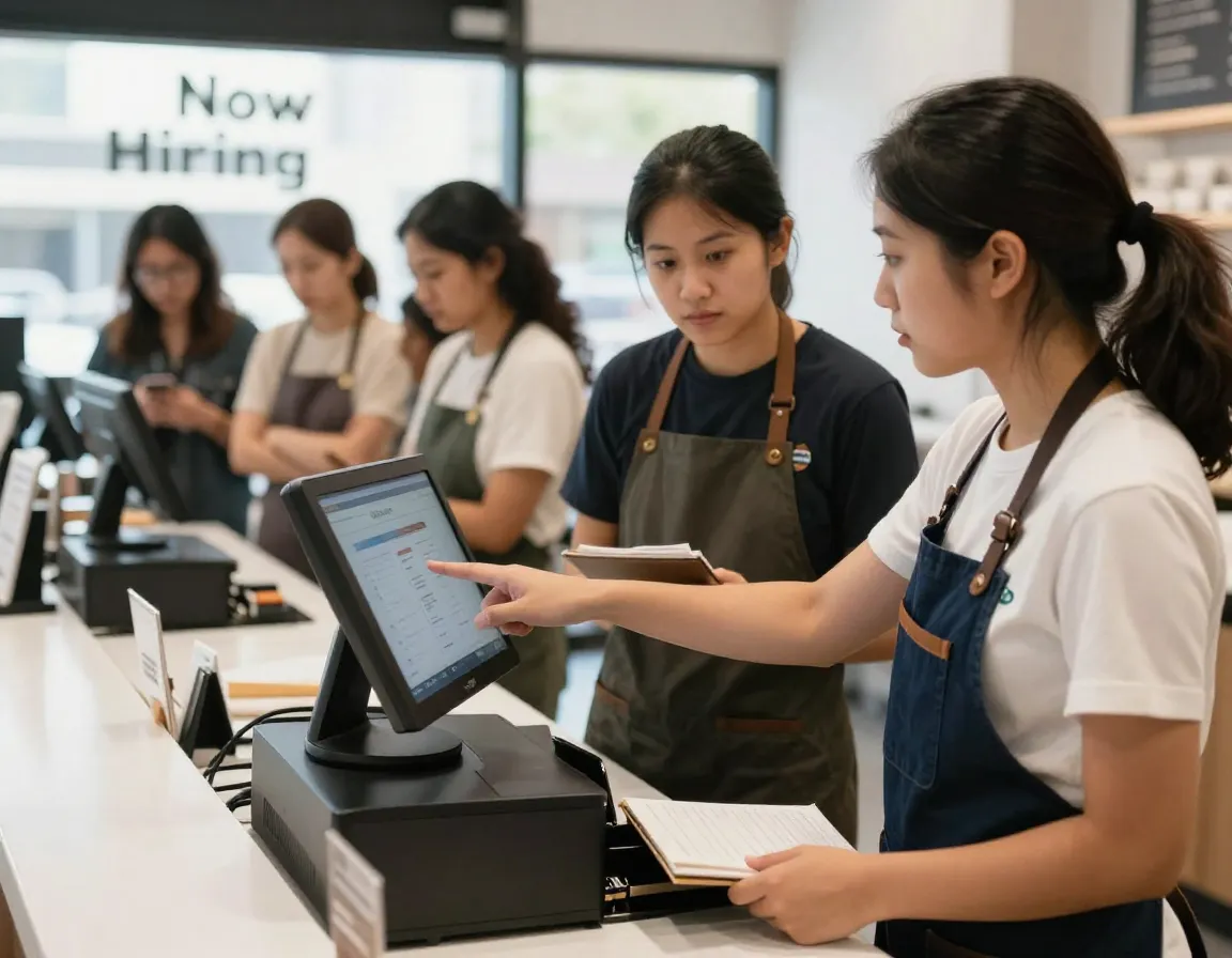 Barista training new team member on cash register procedures