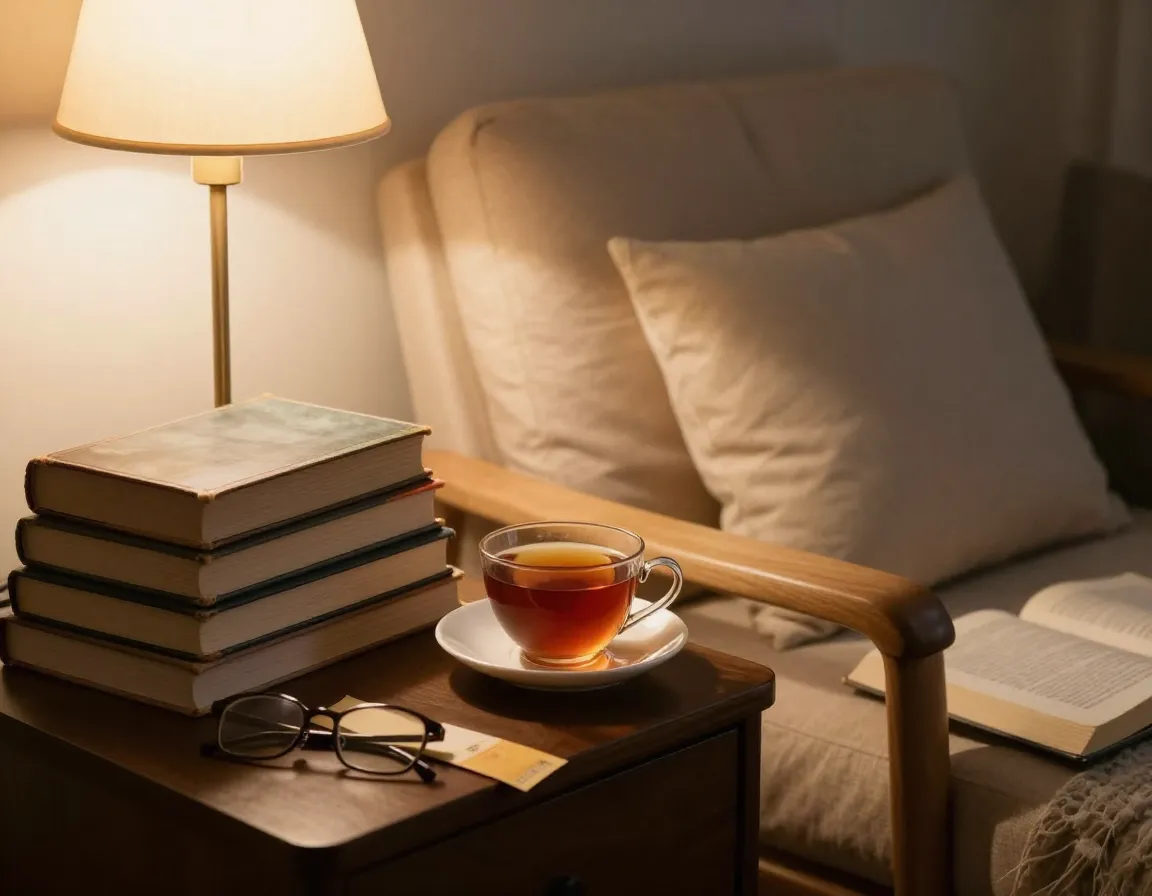 Tea cup beside a stack of books in a cozy reading nook