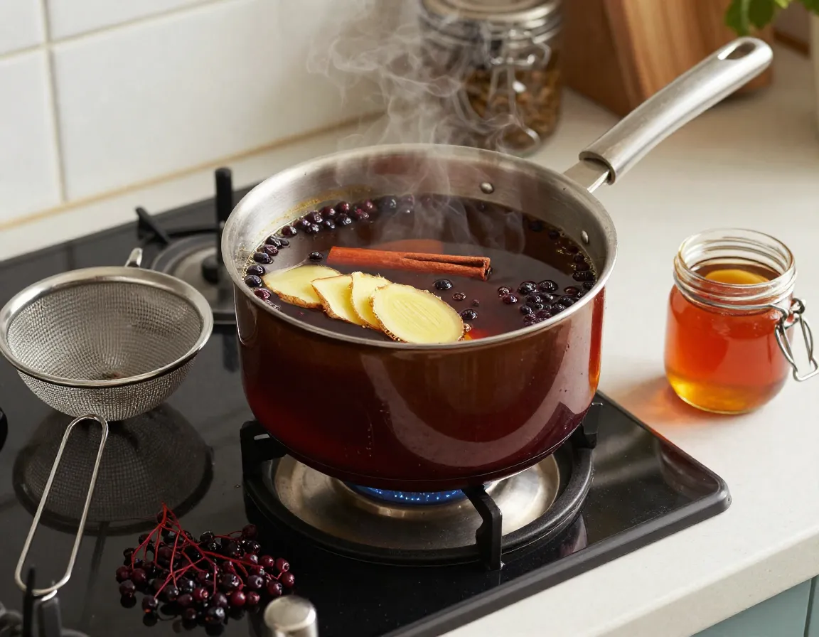 Ginger elderberry immune defense tea simmering with cinnamon