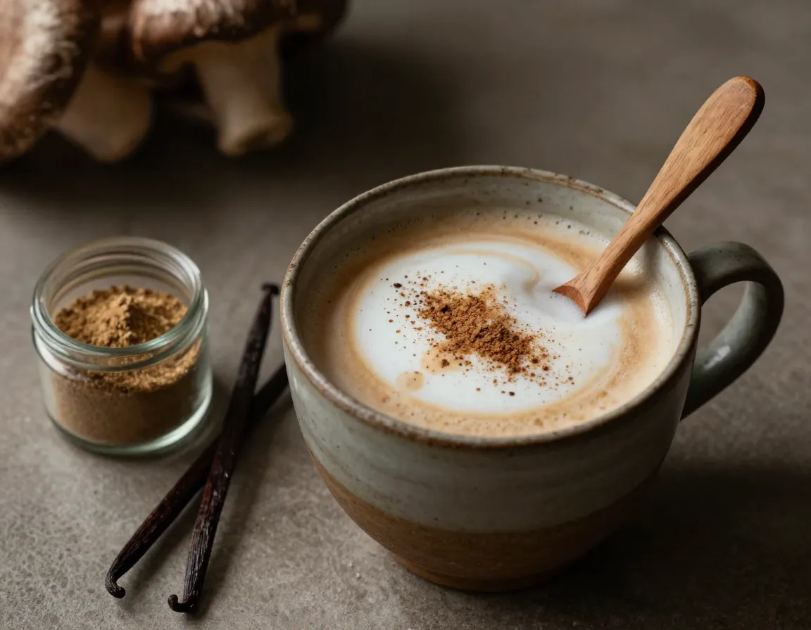 Mushroom vanilla latte with oat milk and vanilla bean powder garnish