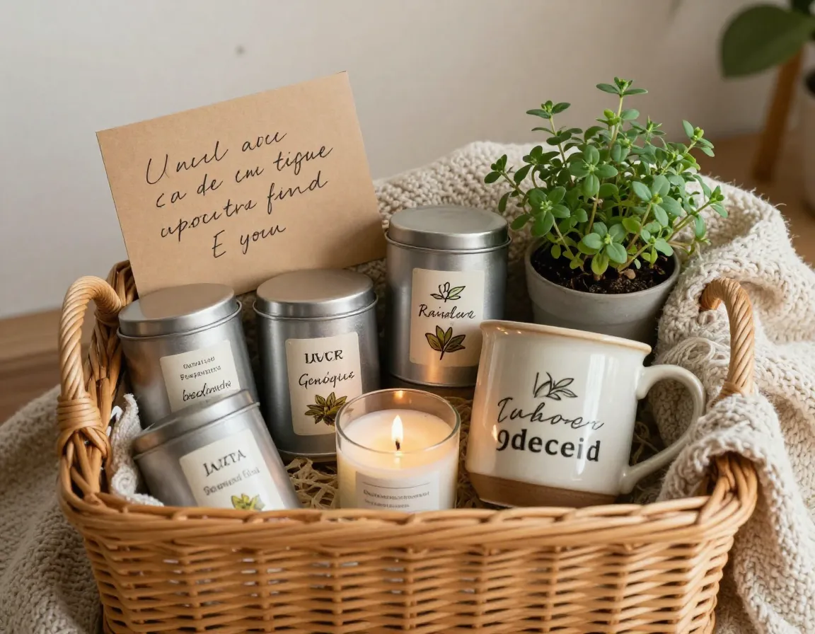 A personalized tea gift basket with handwritten note and custom ceramic mug