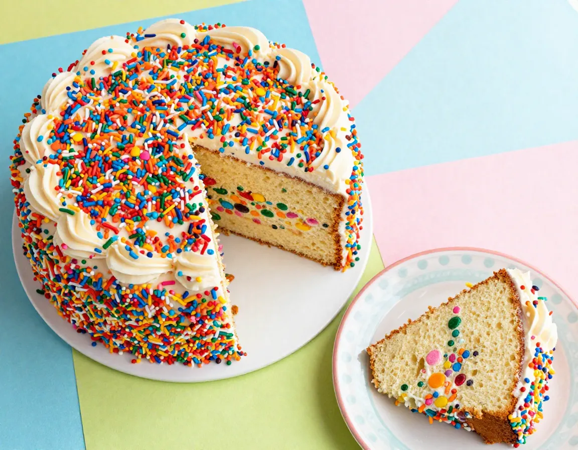 Colorful funfetti celebration cake with rainbow sprinkles