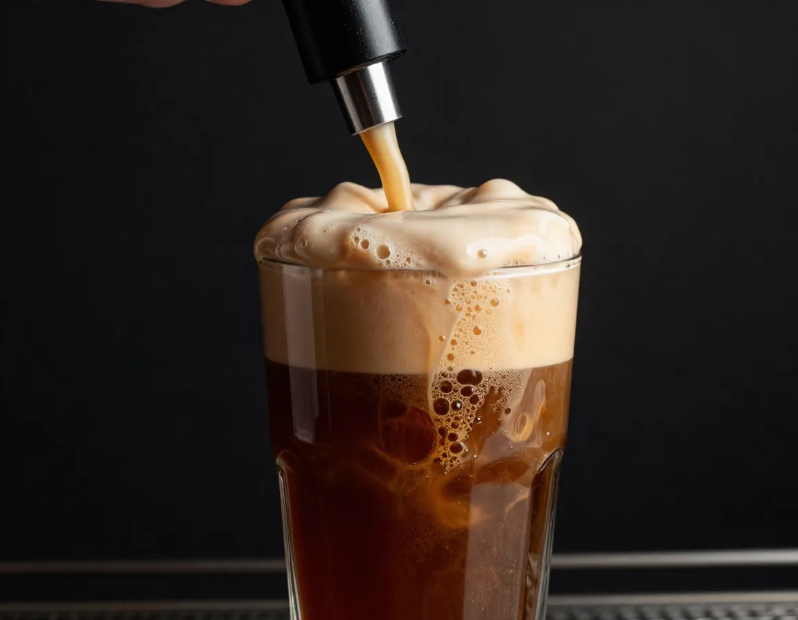 Nitro cold brew cascade with creamy cascade effect in tall glass