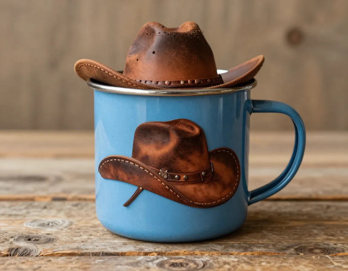 Western theme enamel mug with cowboy hat and rustic leather texture