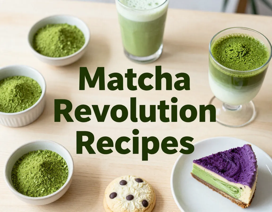 Overhead flat lay matcha recipes horchata cheesecake cookie tiramisu