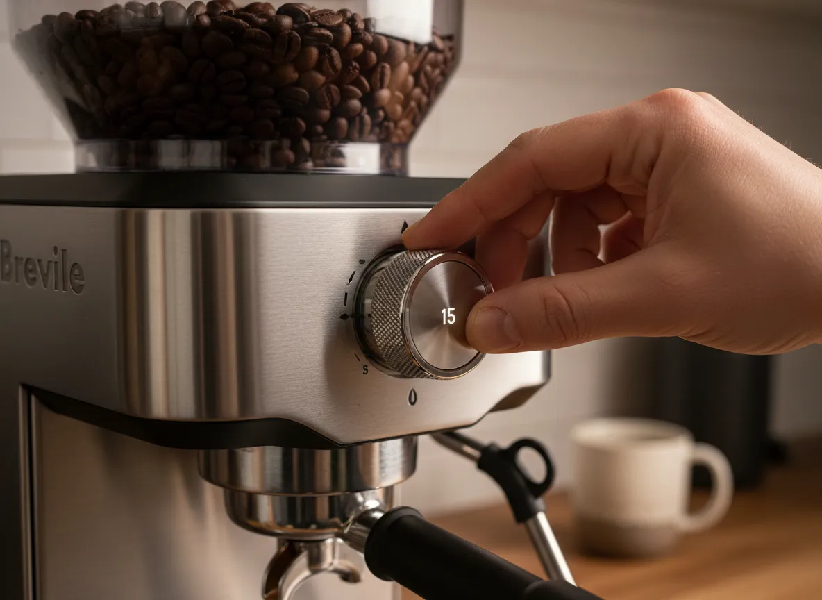 Close up of hand adjusting grind dial on breville barista pro espresso machine