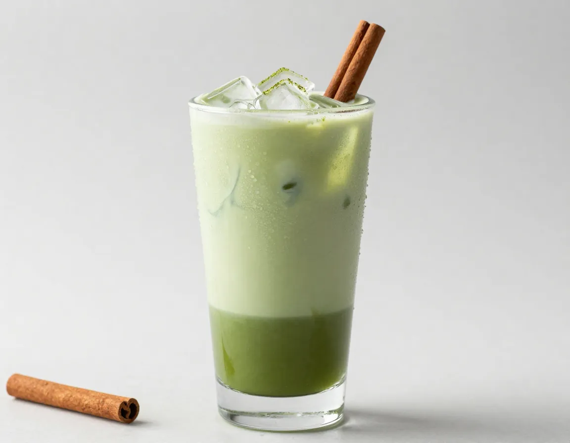 Creamy horchata matcha mocktail in tall glass with cinnamon stick