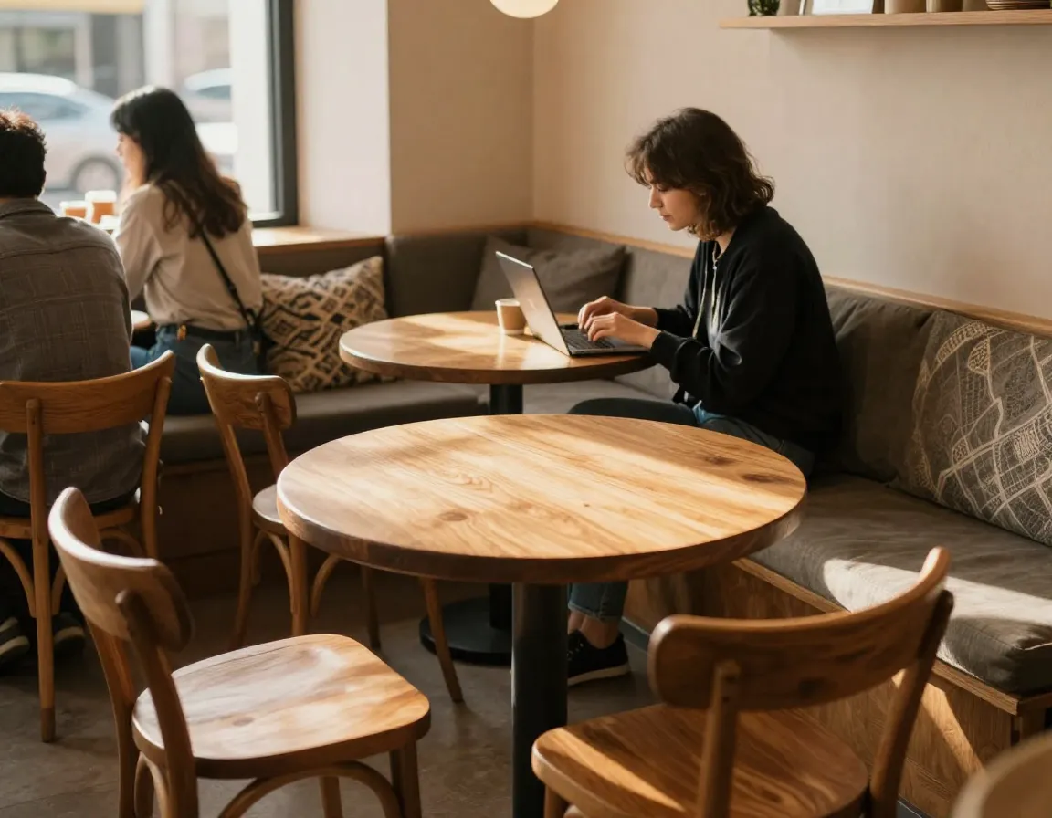 Cafe interior with round wood tables and banquette seating in natural light