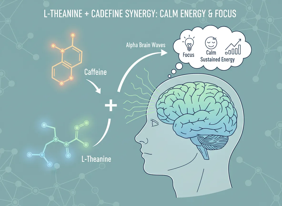 L theanine and caffeine synergy calm energy focus brain waves diagram