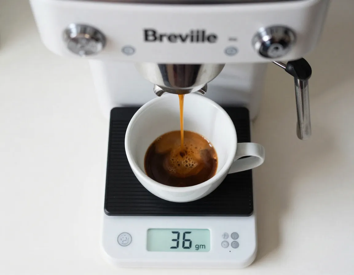 Overhead view of espresso extraction onto digital scale for volumetric control