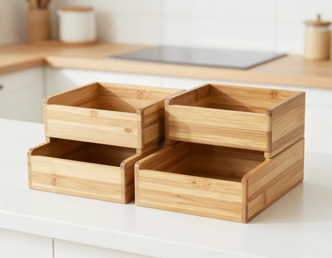 Stackable bamboo tea organizer units in a bright modern rustic kitchen