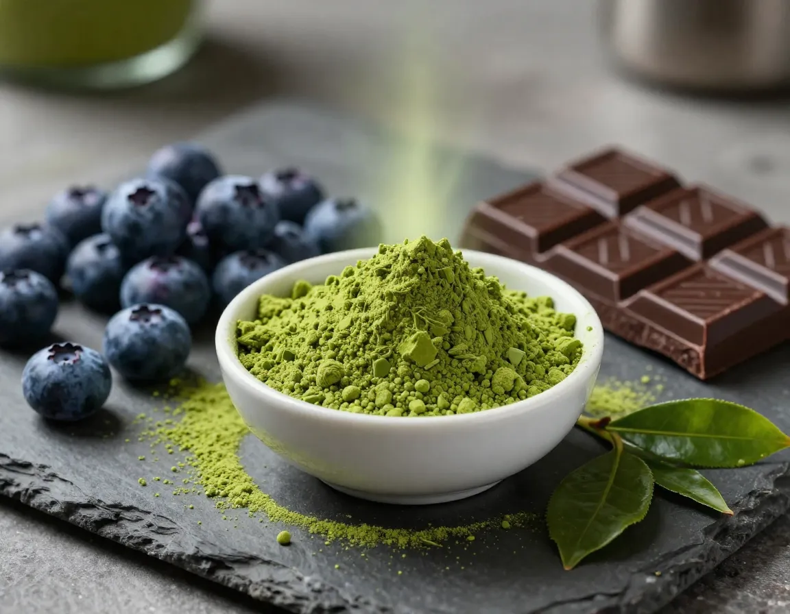Antioxidant concentration matcha powder surpassing blueberries dark chocolate